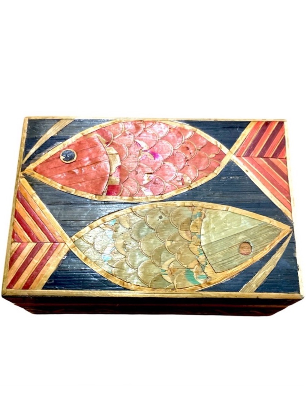 Handcrafted Wooden Trinket Box Colored Fish Inlay Vintage Decorative Jewelry Box